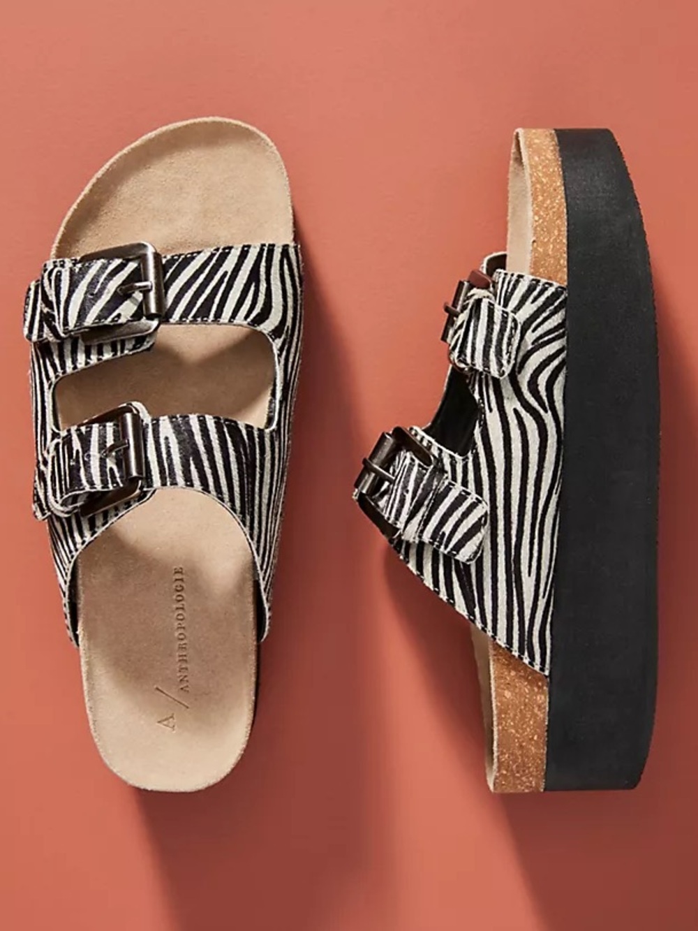 Anthropologie Portia Sandal Zebra Calf Hair Double Strap Platform Buckle Slide 8